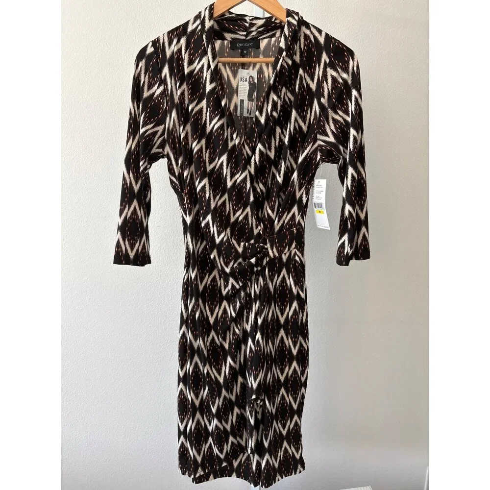 NWT Karen Kane Dress Size M Boho Chic Solar Ikat Faux Wrap Gold Sun Brown Black - Picture 16 of 16